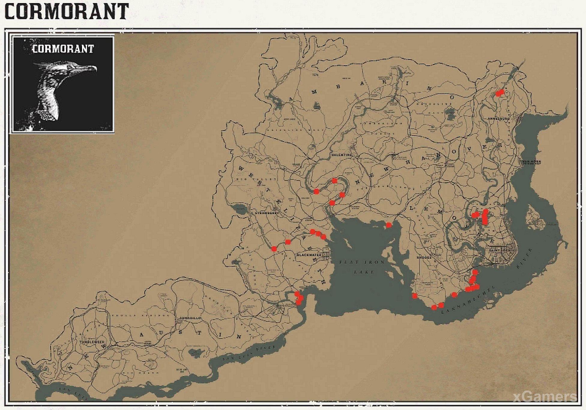 Места обитания баклана в игре RDR 2