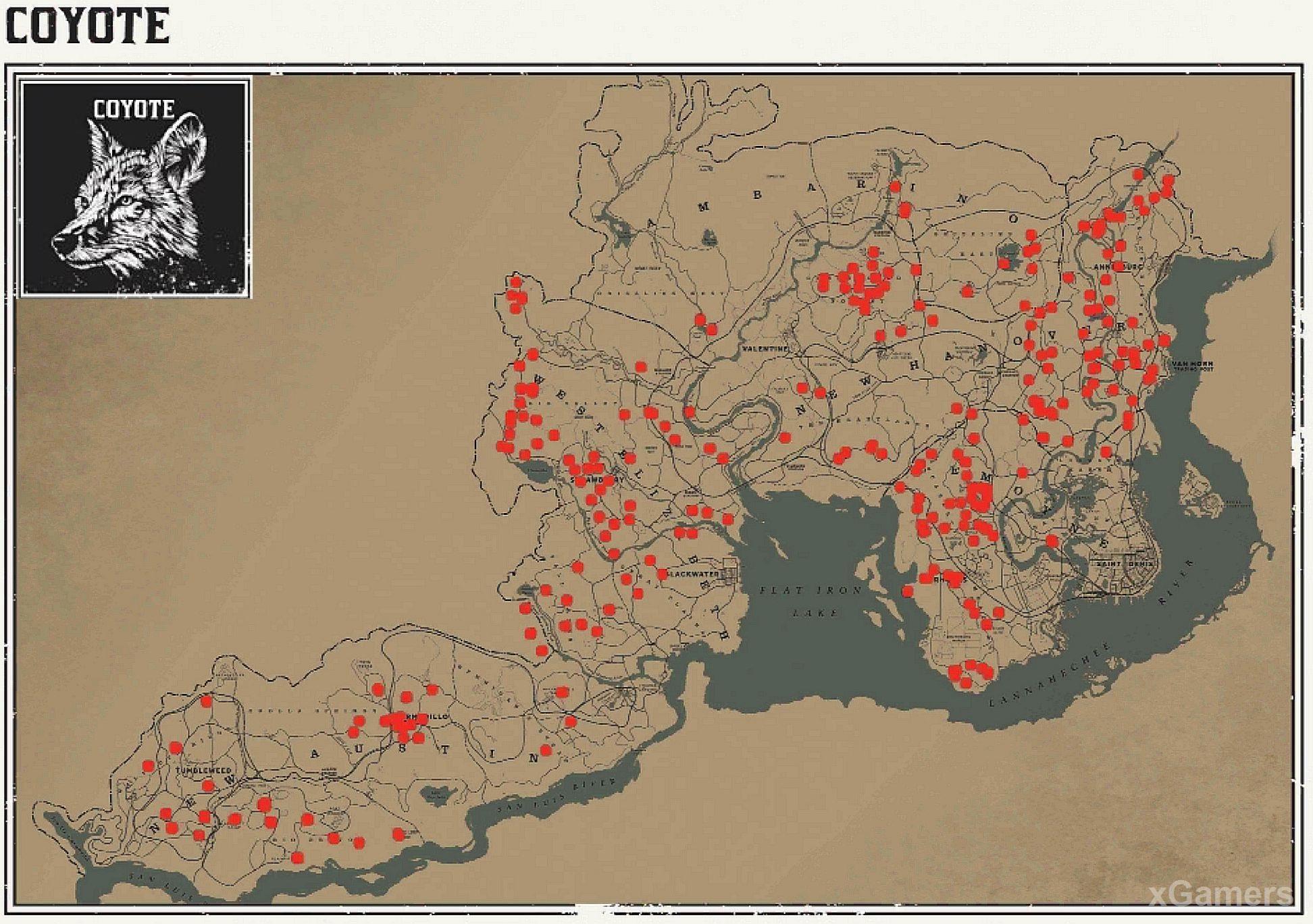 Места обитания койотов в игре RDR 2