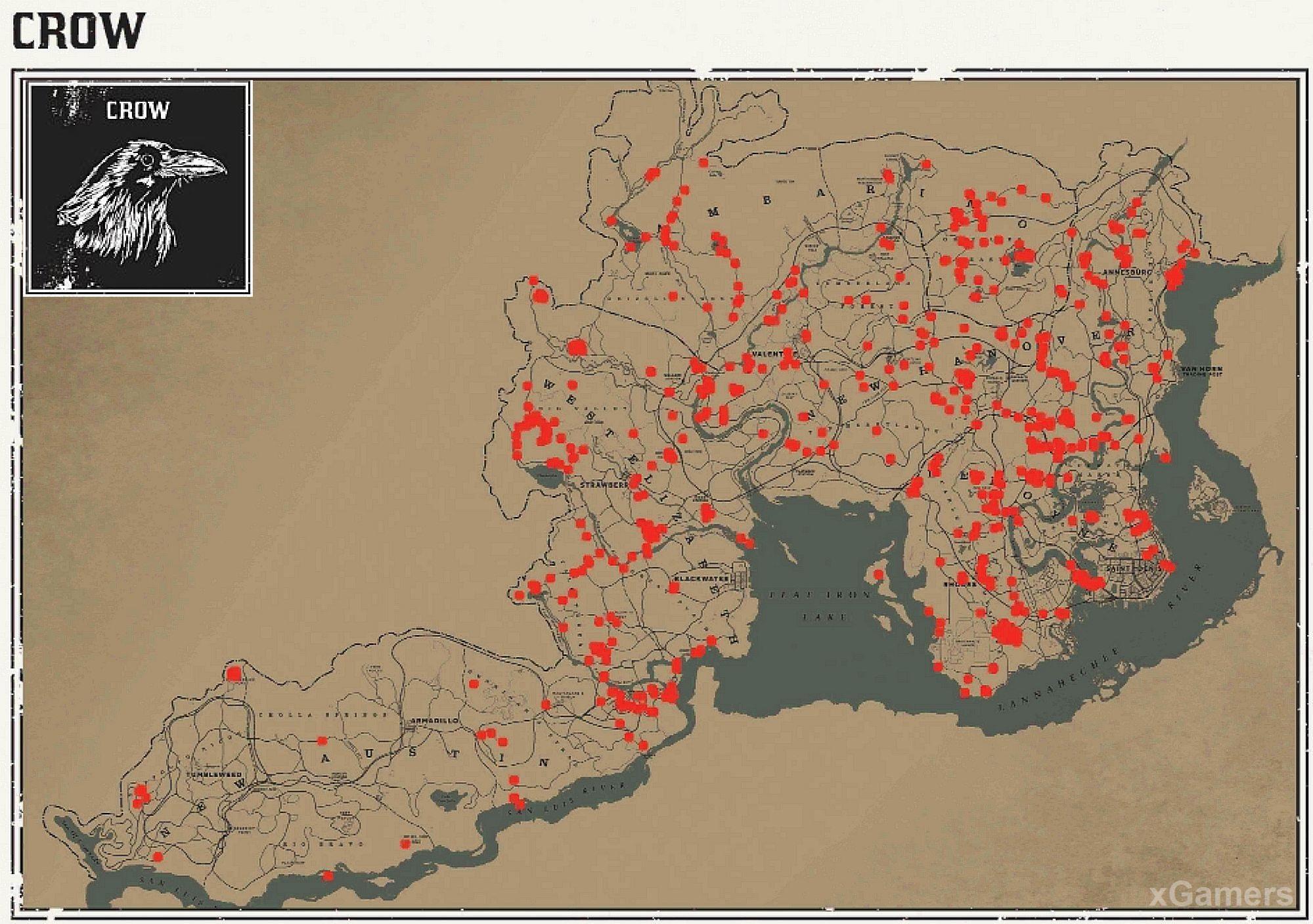 Места обитания ворон в игре RDR 2