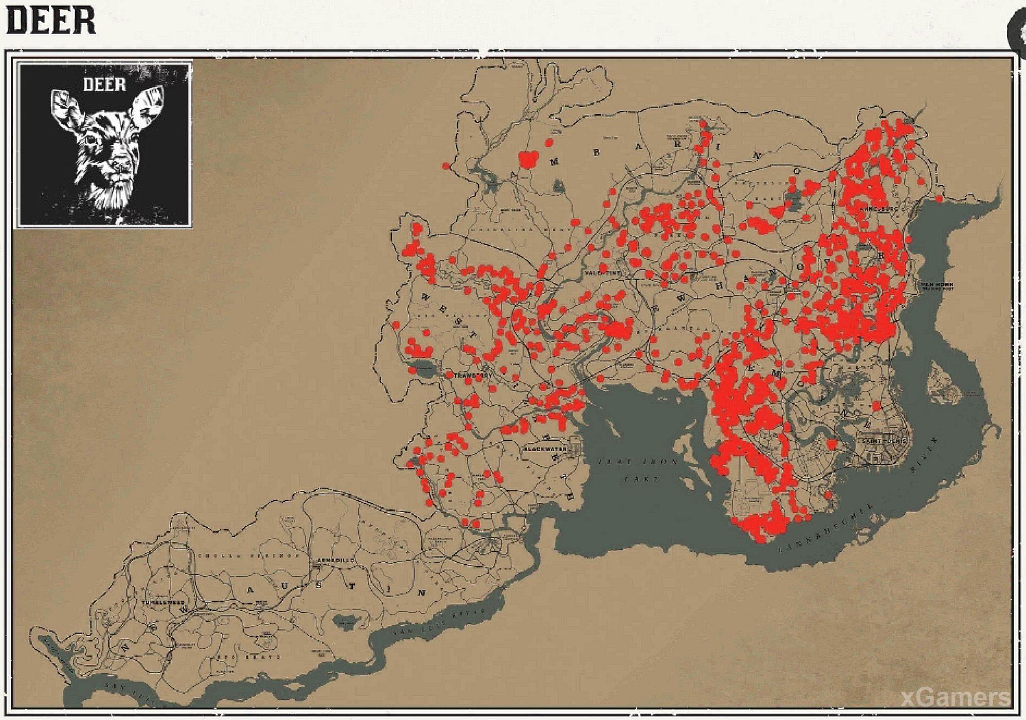 Места обитания оленей в игре RDR 2