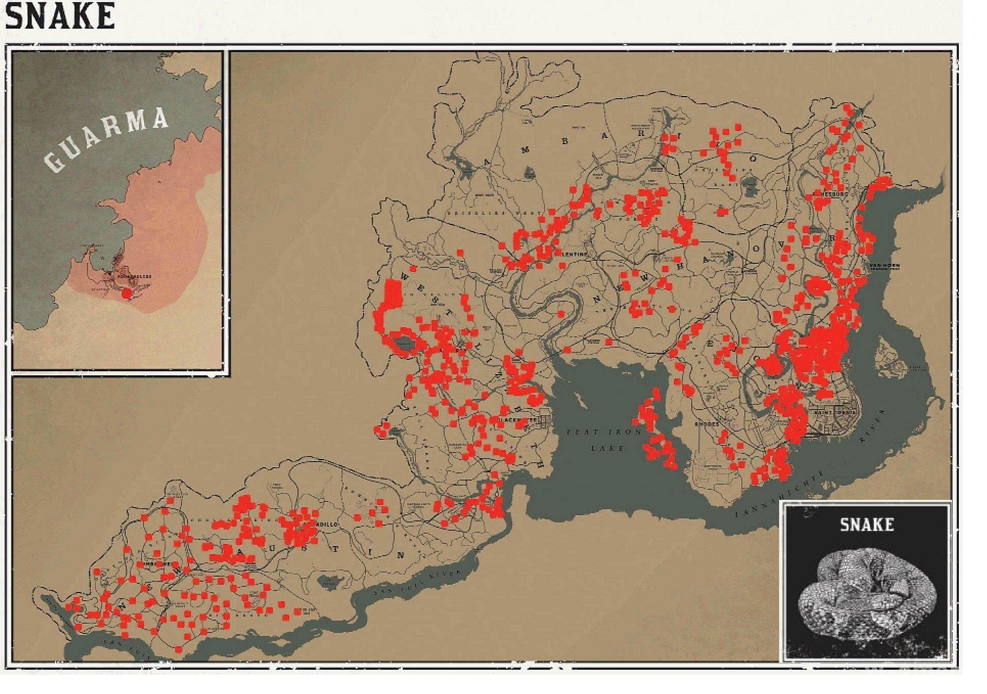 Места обитания змеи в игре RDR 2.