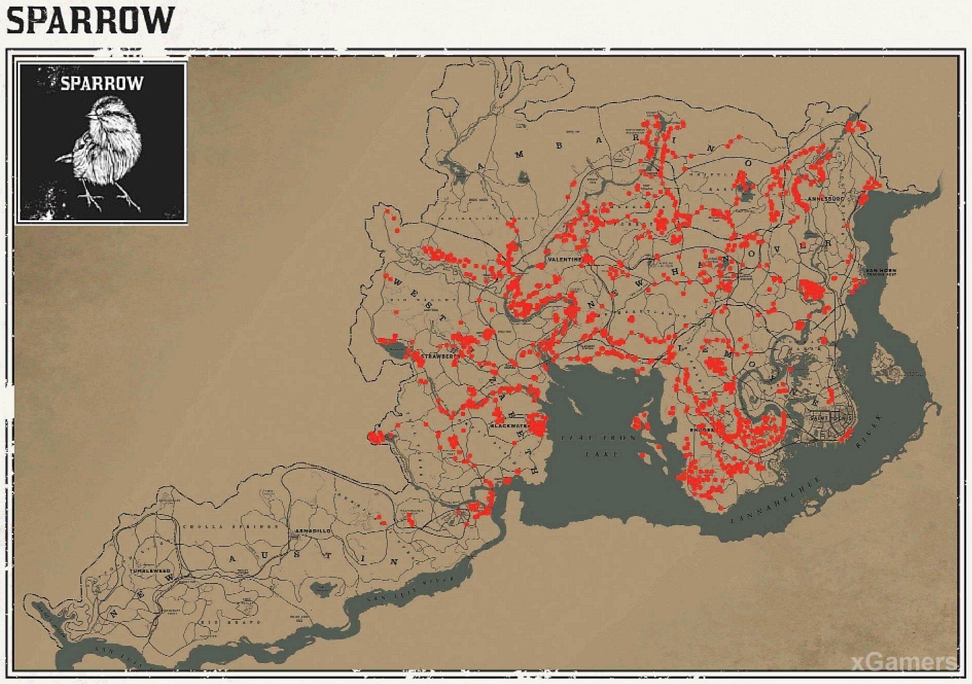 Места обитания воробьев в игре RDR 2