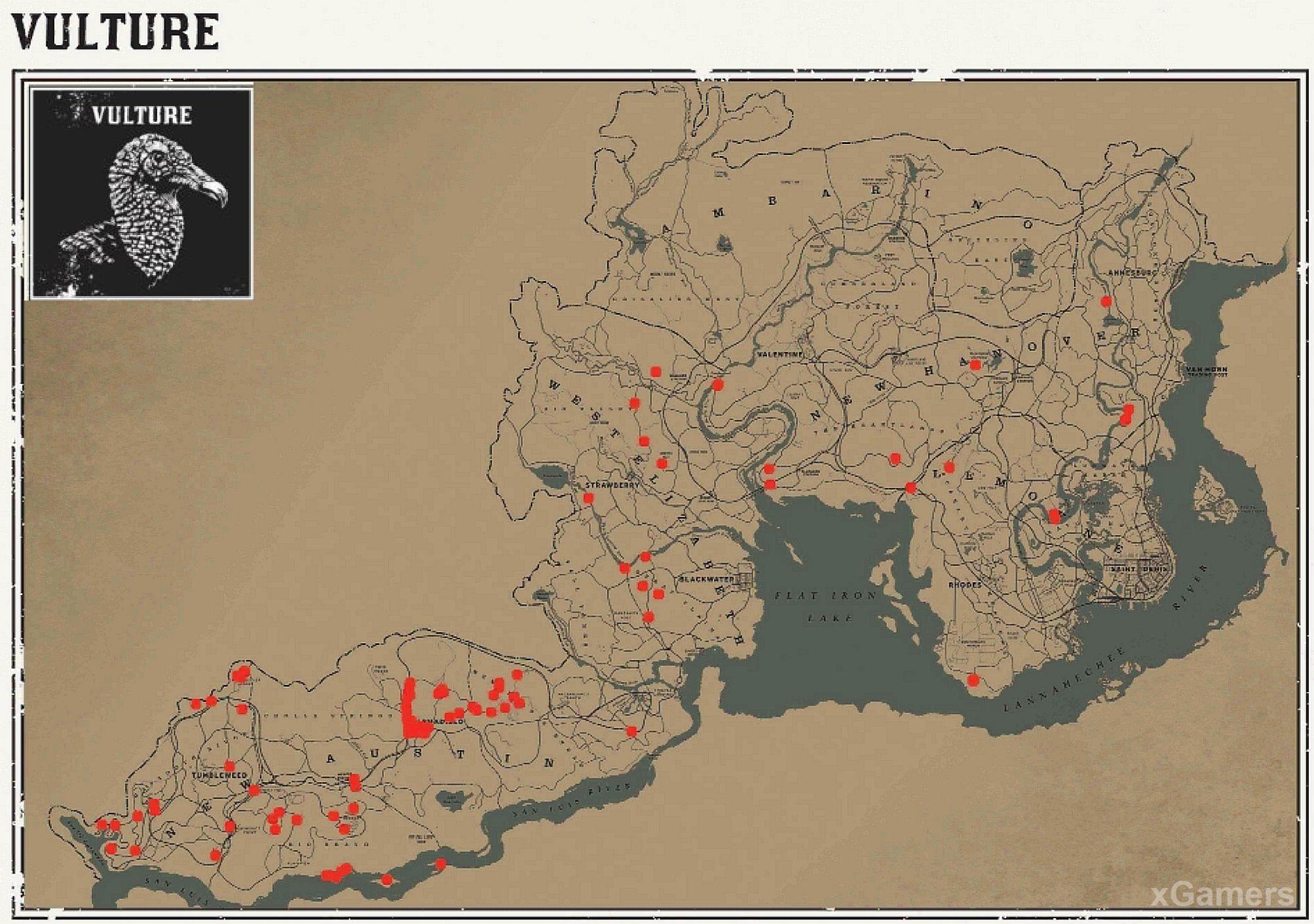 Места обитания стервятника в игре RDR 2