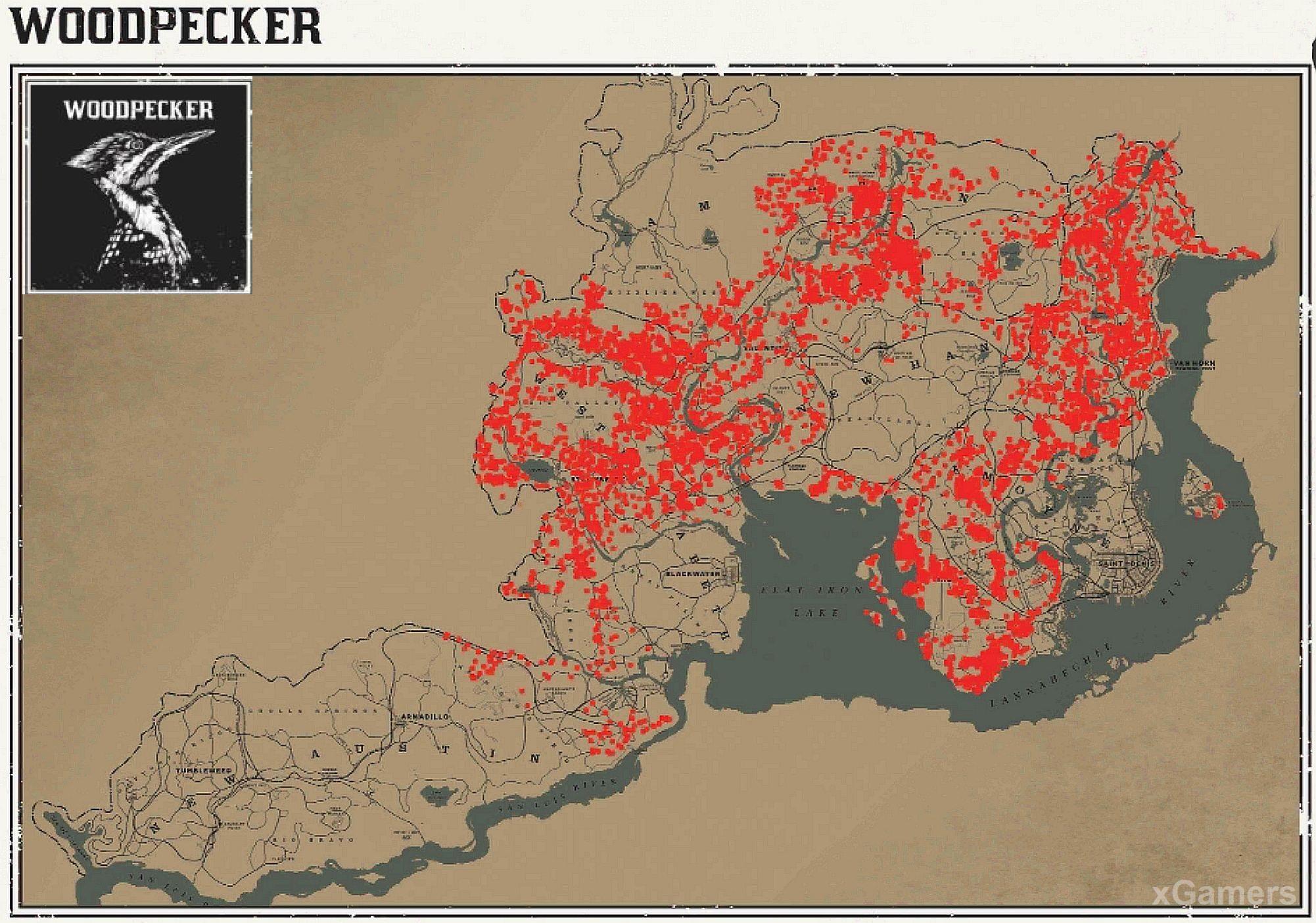 Места обитания дятлов в игре RDR 2